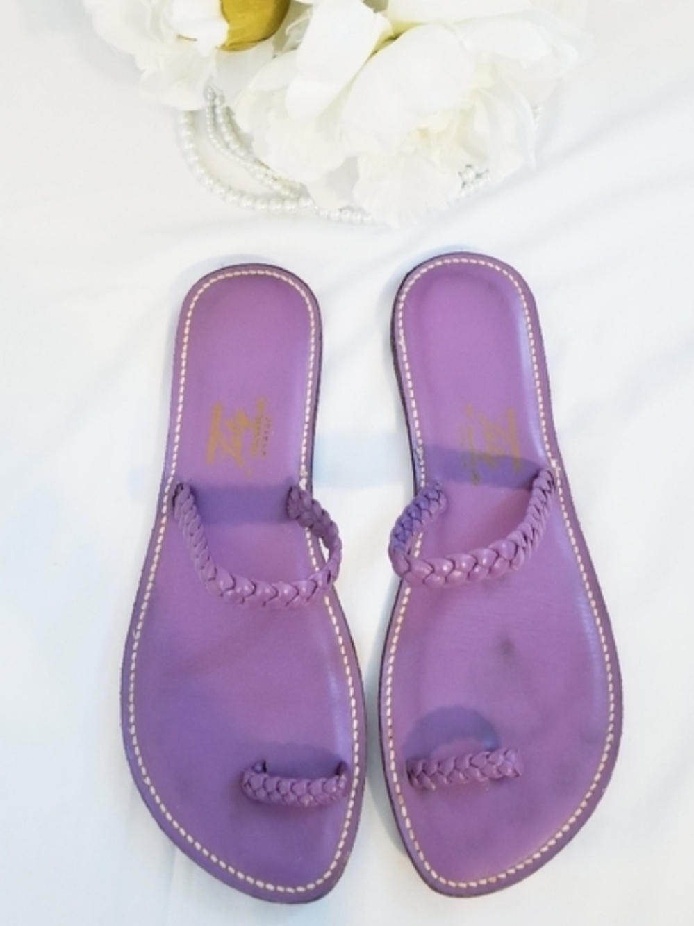 Lety Purple Braided Toe-Loop Strap Leather Slip-On Sandals